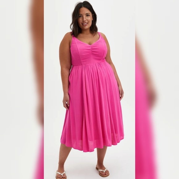 Torrid Lenny Smocked Bodice Midi Dress 00 (10/12) - Picture 1 of 16